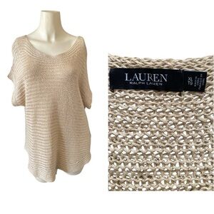 Lauren Ralph Lauren 100% linen Women's  short-sleeve open-knit sweater Top XL